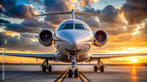 Modern private jet airplane on the runway at sunset