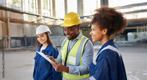 Young mixed race black african american female construction builder industrial factory worker electrician apprenticeship student on work placement, copy space