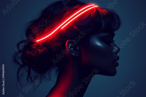 Neon lit profile of a woman in deep thought symbolizing contemplation creativity and futuristic vibes in a bold minimalistic composition