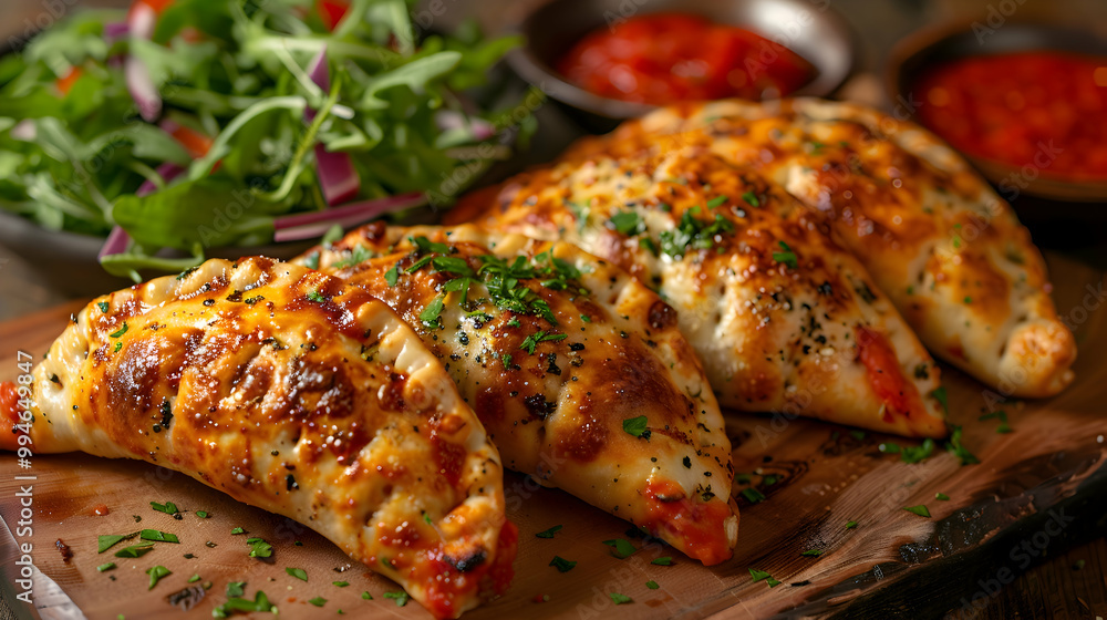Calzones served with a side of marinara and a salad, captured using an ultra HD camera with a ring light for even illumination Calzones served with a side of marinara and a salad, captured using an ultra HD camera with a ring light for even illumination