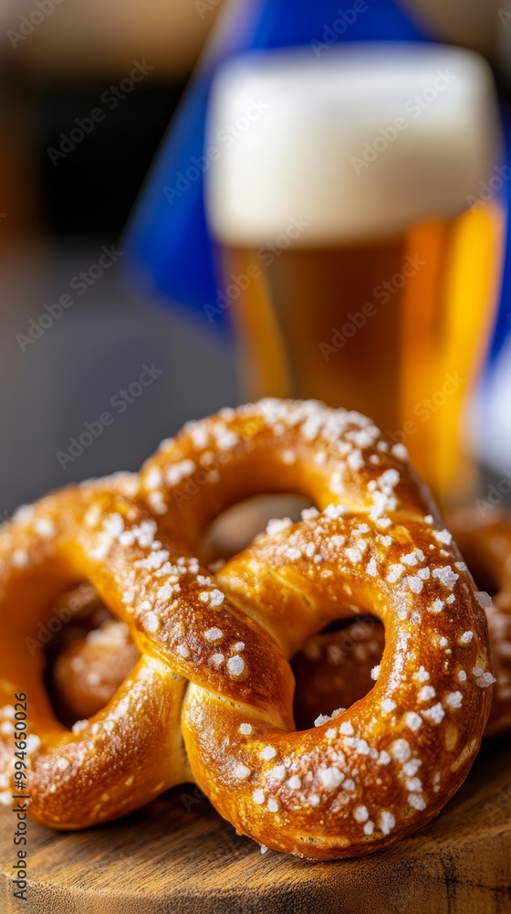 a detailed shot of a freshly baked pretzel on a wooden board sprinkled with coarse salt next to mustard and beer with Oktoberfest decorations and a Bavarian flag in the background a detailed shot of a freshly baked pretzel on a wooden board sprinkled with coarse salt next to mustard and beer with Oktoberfest decorations and a Bavarian flag in the background