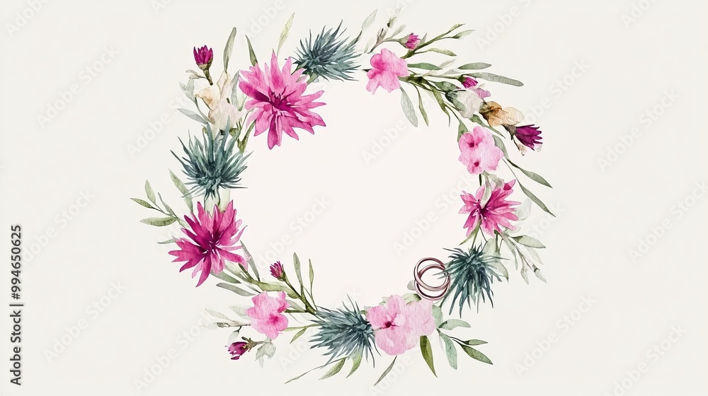 Wedding card featuring rings in a floral circle with a thistle A pink flower wreath in watercolor round floral frame for weddings Wedding card featuring rings in a floral circle with a thistle A pink flower wreath in watercolor round floral frame for weddings
