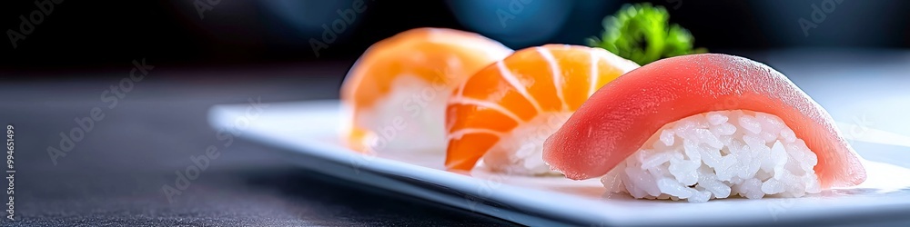 AN elegant presentation of sushi on a plate with simple minimalistic background. AN elegant presentation of sushi on a plate with simple minimalistic background.