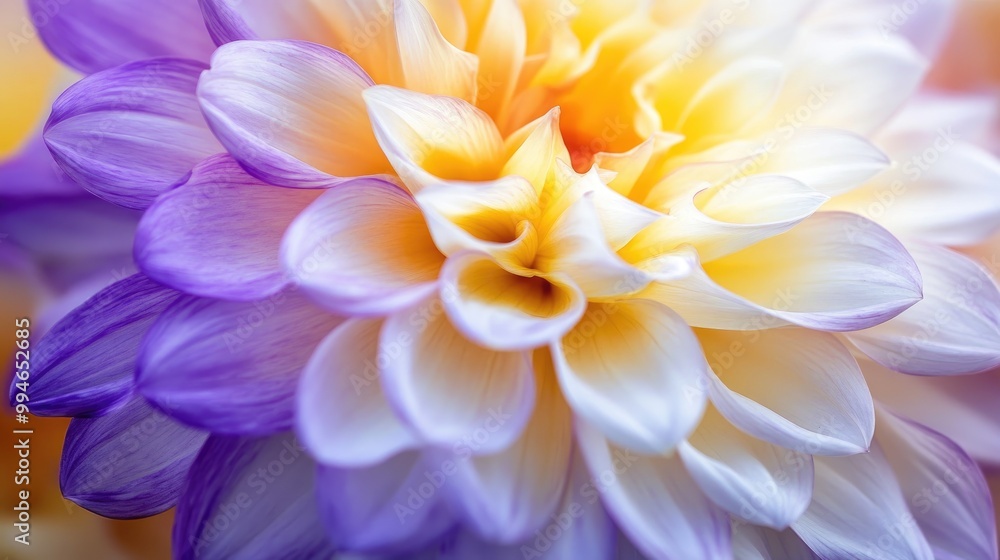 Fototapeta premium Beautiful multicolored petals with intricate textures, displaying vibrant purple, yellow, and white hues in a stunning close-up floral composition