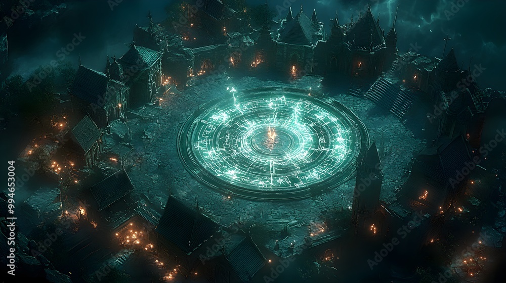 A mystical ring of towers, each with unique magical auras, surrounding a central courtyard filled with arcane symbols, the night sky glowing with enchantment A mystical ring of towers, each with unique magical auras, surrounding a central courtyard filled with arcane symbols, the night sky glowing with enchantment