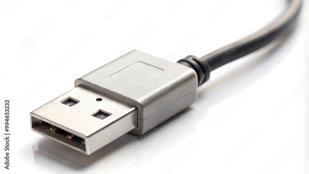 Usb cable lying on white surface with contacts facing up Usb cable lying on white surface with contacts facing up