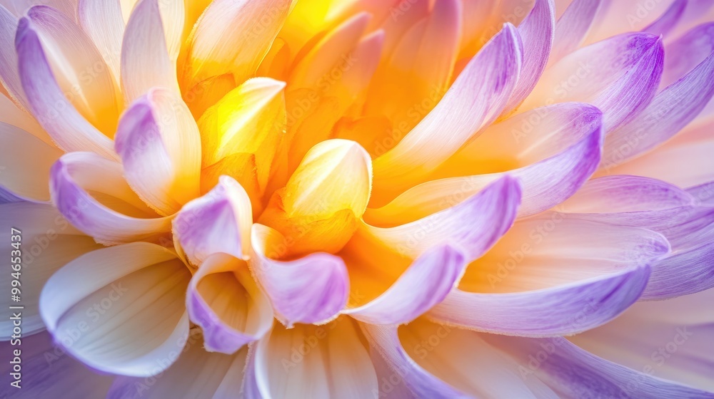 Stunning close-up of vibrant multicolored petals with intricate textures, blending shades of purple, yellow, and white for a striking floral look Stunning close-up of vibrant multicolored petals with intricate textures, blending shades of purple, yellow, and white for a striking floral look