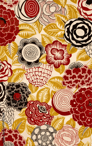 A vibrant floral pattern in red, black, whiteand gold, evoking a vintage textile design.