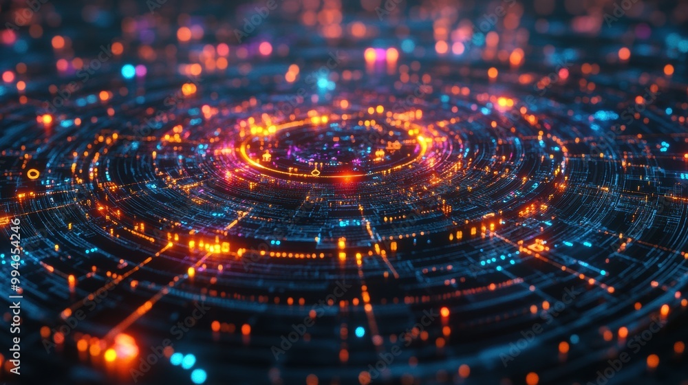 Vibrant digital whirlpool of lights and patterns showcasing technological innovation in a futuristic setting Vibrant digital whirlpool of lights and patterns showcasing technological innovation in a futuristic setting