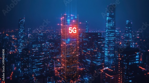 A vibrant city skyline illuminated by neon lights showcases a futuristic tower symbolizing 5G technology at night