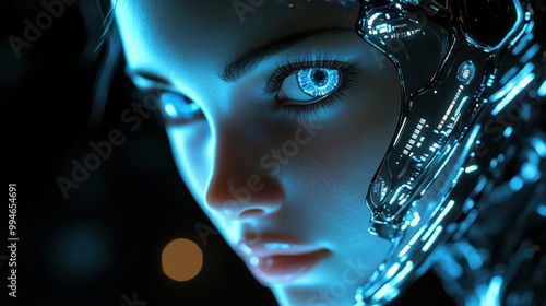 A futuristic cyborg gazes into the distance with striking blue eyes illuminated by neon lights in a dark urban environment photo