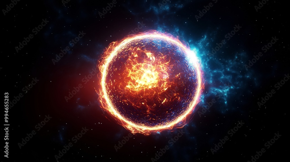 Fototapeta premium A Dynamic Cosmic Star Emanating Fiery Radiance in Space