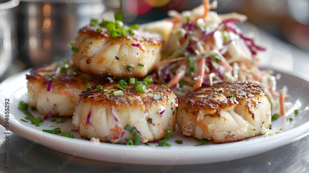 Crab cakes served with a side of coleslaw, captured using an ultra HD camera with a ring light for even illumination Crab cakes served with a side of coleslaw, captured using an ultra HD camera with a ring light for even illumination
