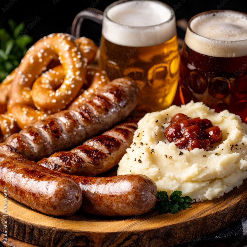 a traditional Oktoberfest table setting with a large wooden platter of German sausages sauerkraut mashed potatoes and pretzels accompanied by glass steins of beer captured in rustic warm tones a traditional Oktoberfest table setting with a large wooden platter of German sausages sauerkraut mashed potatoes and pretzels accompanied by glass steins of beer captured in rustic warm tones