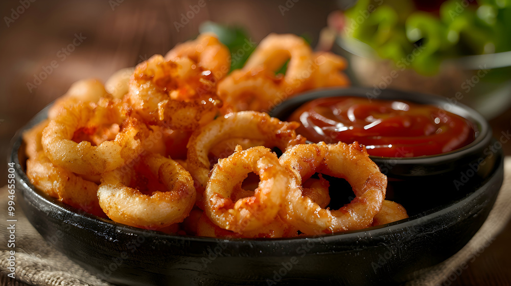 Curly fries with a dipping sauce, captured using an ultra HD camera with a ring light for even illumination Curly fries with a dipping sauce, captured using an ultra HD camera with a ring light for even illumination