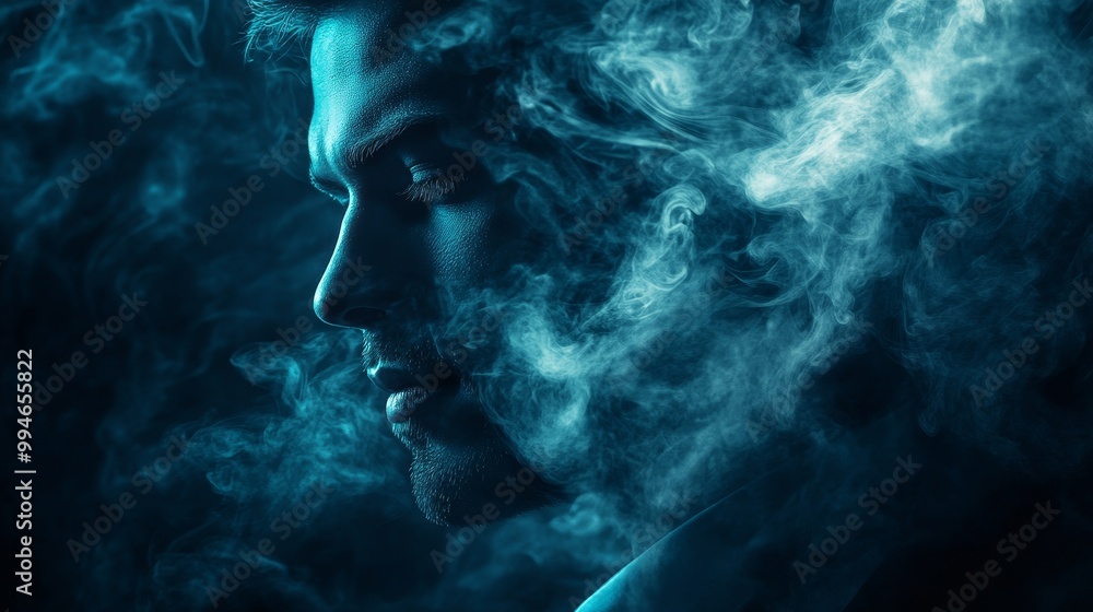Close-up of a businessman's face, partially obscured by swirling clouds of ethereal smoke, dark backdrop, high contrast, deep shadows, conceptual mental health art, surrealist Close-up of a businessman's face, partially obscured by swirling clouds of ethereal smoke, dark backdrop, high contrast, deep shadows, conceptual mental health art, surrealist