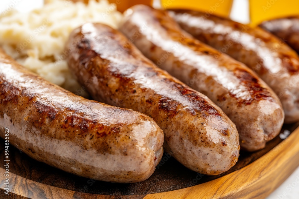 a traditional Oktoberfest table setting with a large wooden platter of German sausages sauerkraut mashed potatoes and pretzels accompanied by glass steins of beer captured in rustic warm tones a traditional Oktoberfest table setting with a large wooden platter of German sausages sauerkraut mashed potatoes and pretzels accompanied by glass steins of beer captured in rustic warm tones
