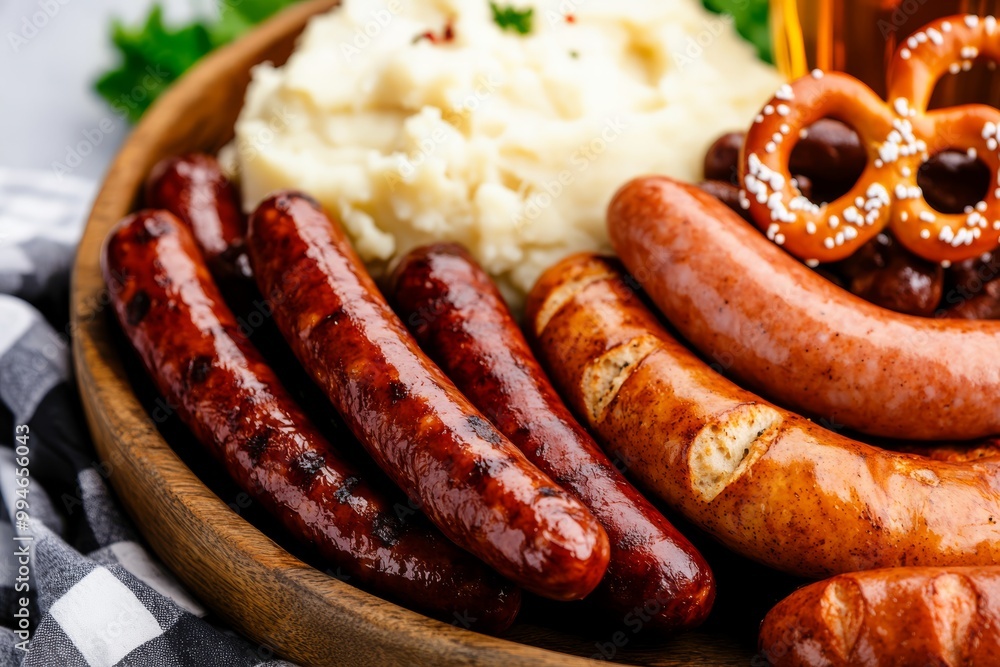 a traditional Oktoberfest table setting with a large wooden platter of German sausages sauerkraut mashed potatoes and pretzels accompanied by glass steins of beer captured in rustic warm tones a traditional Oktoberfest table setting with a large wooden platter of German sausages sauerkraut mashed potatoes and pretzels accompanied by glass steins of beer captured in rustic warm tones