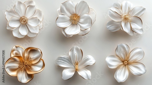 Collection of white gold flowers, isolated metallic blooms, clean minimalistic style, detailed petals with light shadow on a pure white background