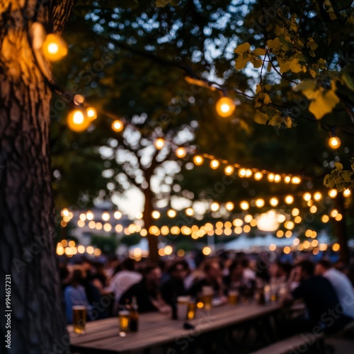 a vibrant Oktoberfest beer garden at sunset full of people laughing drinking beer and enjoying live folk music with string lights hanging from trees creating a cozy and inviting atmosphere