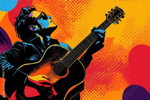 Colorful pop art illustration of a musician playing an acoustic guitar against vibrant background.