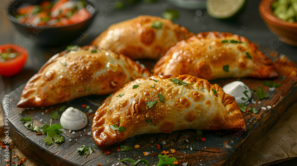 Empanadas served with a side of guacamole and sour cream, captured using an ultra HD camera with a ring light for even illumination Empanadas served with a side of guacamole and sour cream, captured using an ultra HD camera with a ring light for even illumination