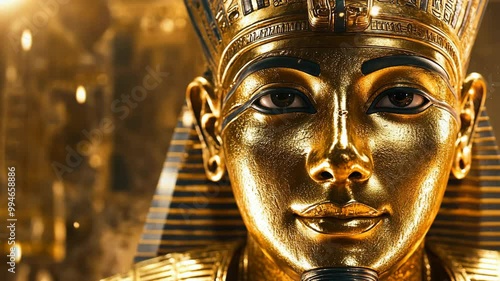 A close-up of the golden mask of Tutankhamun, an Egyptian pharaoh who ruled in the 18th Dynasty