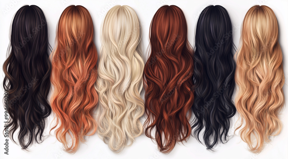 Collection of wavy hairstyles in various colors displayed in a row Collection of wavy hairstyles in various colors displayed in a row