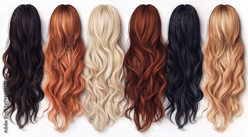 Collection of wavy hairstyles in various colors displayed in a row