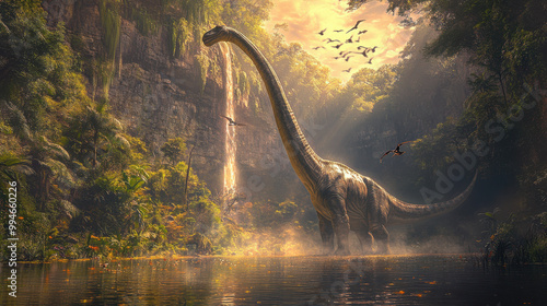 A vibrant depiction of a Brachiosaurus towering over a lush, prehistoric swamp, with its long neck stretching upwards toward the treetops. Sunlight casts