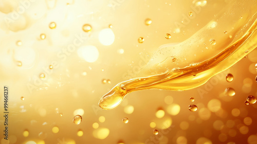 Golden oil liquid background. Template cosmetic products with oil Q10. Olive oil. Vegetable oil background.