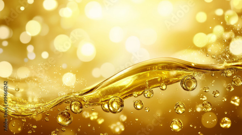 Golden oil liquid background. Template cosmetic products with oil Q10. Olive oil. Vegetable oil background.