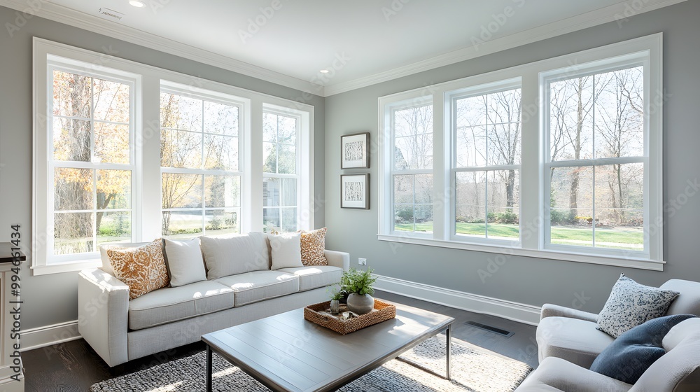 Fototapeta premium A Light and Airy Living Room with Large Windows and a Comfortable Sofa