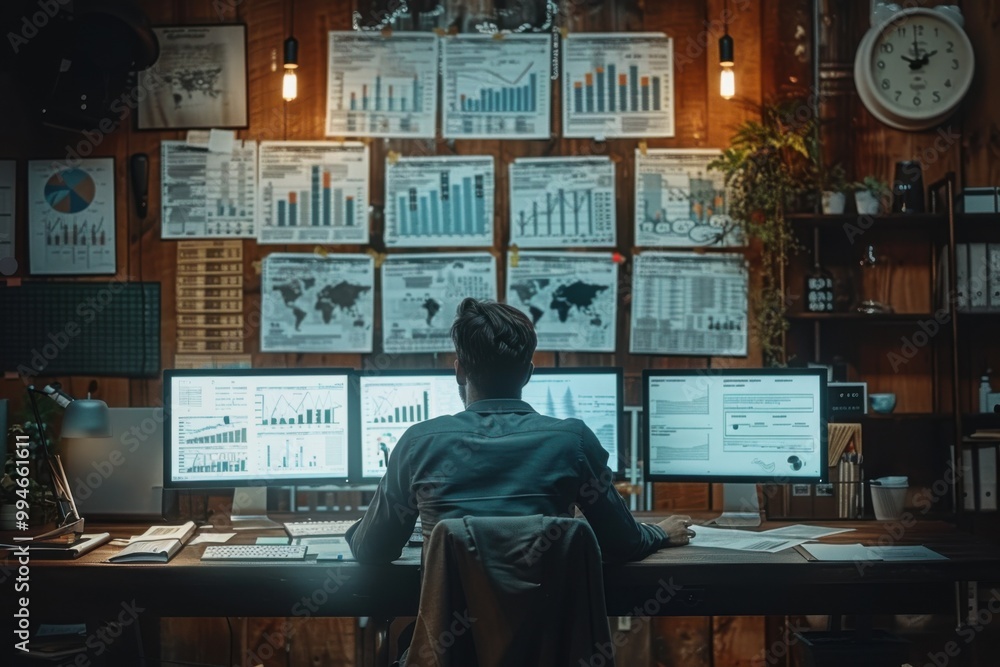 Man sitting at a desk with multiple monitors, financial analyst Man sitting at a desk with multiple monitors, financial analyst