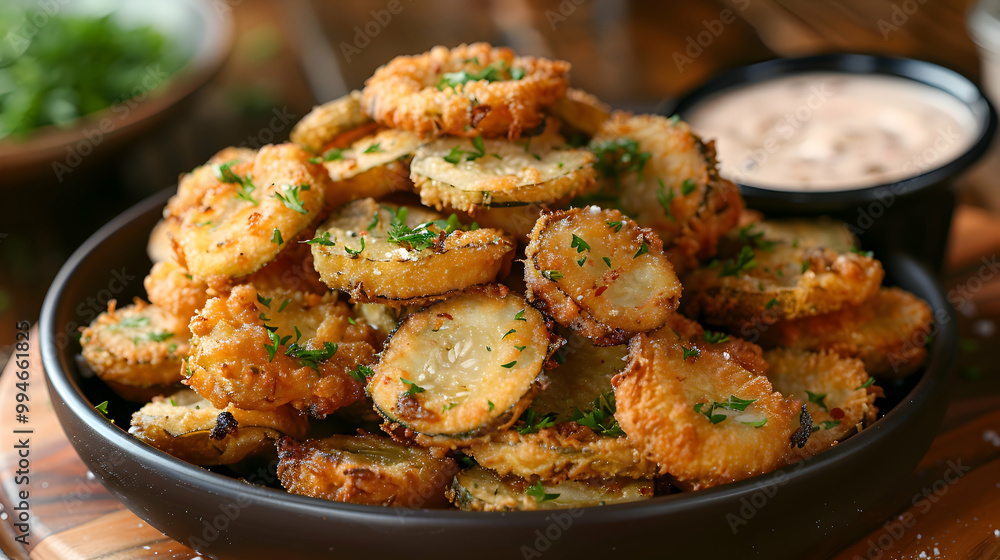 Fried pickles served with a side of dipping sauces, captured using an ultra HD camera with a ring light for even illumination Fried pickles served with a side of dipping sauces, captured using an ultra HD camera with a ring light for even illumination