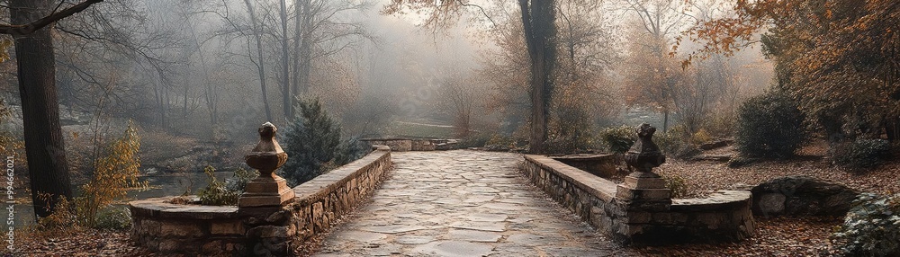 A serene stone bridge in a misty forest, surrounded by autumn foliage and tranquil waters, perfect for nature lovers. A serene stone bridge in a misty forest, surrounded by autumn foliage and tranquil waters, perfect for nature lovers.