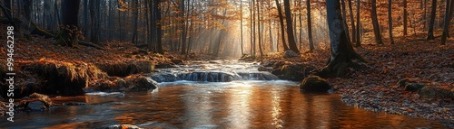 A tranquil forest stream illuminated by soft sunlight, surrounded by autumn leaves, perfect for nature lovers and peaceful retreats.
