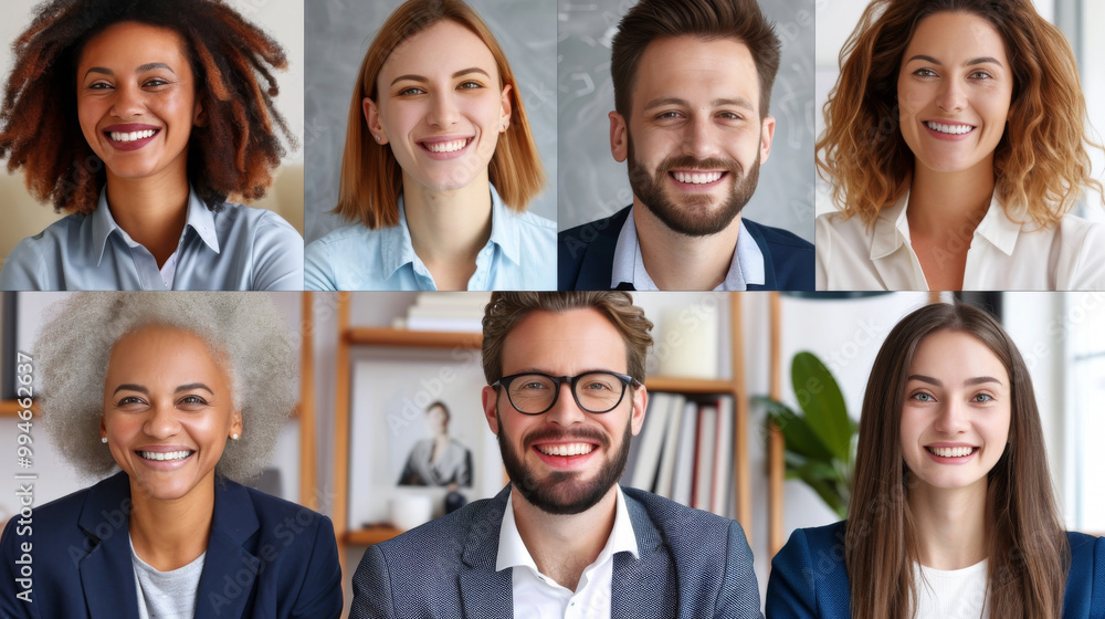 Remote work happiness: A diverse group of professionals smiling during a virtual team meeting Remote work happiness: A diverse group of professionals smiling during a virtual team meeting