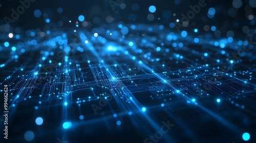 Complex Digital Circuit Board with Interconnected Blue Lines and Glowing Nodes Representing Advanced Technology.