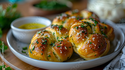 Garlic knots served with a side of garlic butter, captured using an ultra HD camera with a ring light for even illumination