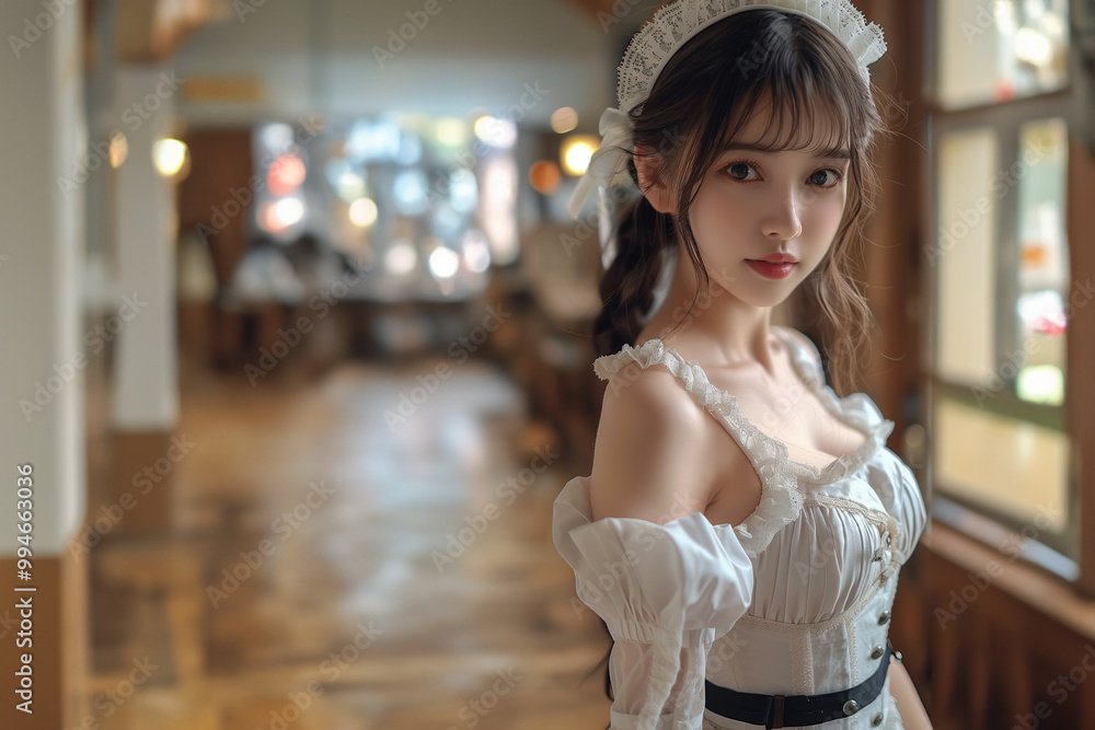 Fototapeta premium 可愛いメイドコスプレ姿の女性 フリル