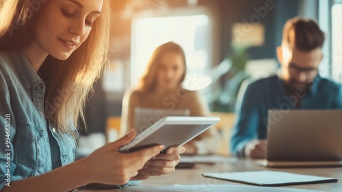 Woman using a tablet in a coworking space