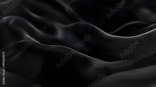 Abstract Digital Landscape of Flowing Mesh Waves with Glowing Dots on a Black Background, Representing Futuristic Data Networks and Dynamic 3D Visualization.