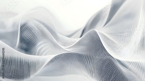 Abstract White Mesh Landscape with Flowing Geometric Lines on a Light Background, Creating a Minimalistic 3D Effect.