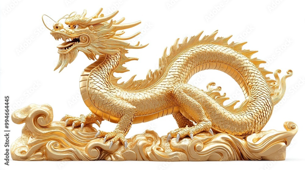 Fototapeta premium A stunning golden dragon statue, intricately designed and symbolizing power and prosperity, perfect for decorative or cultural themes.