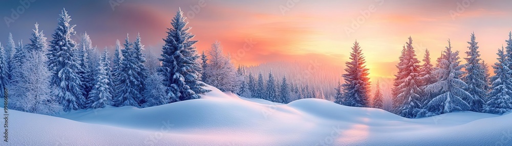 A serene winter landscape featuring snow-covered hills and pine trees illuminated by a beautiful sunrise. A serene winter landscape featuring snow-covered hills and pine trees illuminated by a beautiful sunrise.