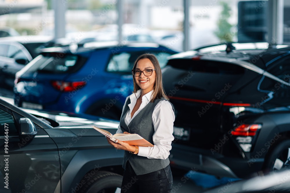 Determined woman with notes in car showroom observes vehicles Determined woman with notes in car showroom observes vehicles