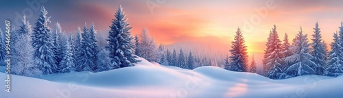 A serene winter landscape featuring snow-covered hills and pine trees illuminated by a beautiful sunrise.