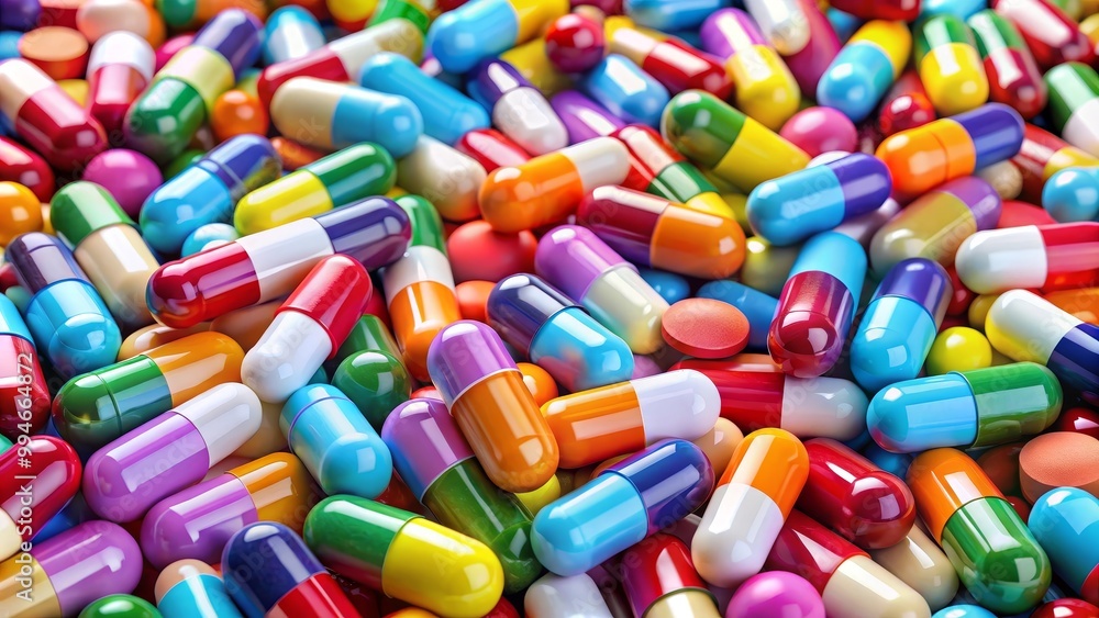 Multitude of pills and capsules in a wide variety of colors are forming a medical background Multitude of pills and capsules in a wide variety of colors are forming a medical background