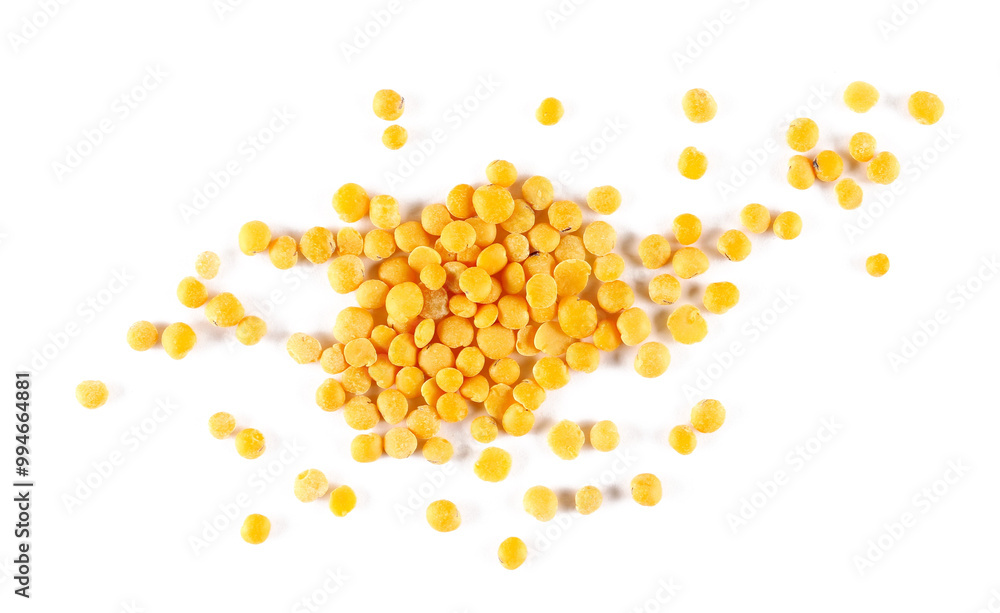 Obraz premium Yellow lentils pile uncooked isolated on white background, top view